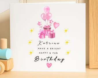 Personalized Birthday Card for Girl, Pink Balloons and Gifts Design, Custom Name Have a Bright Happy & Fun Birthday for Daughter Niece Her