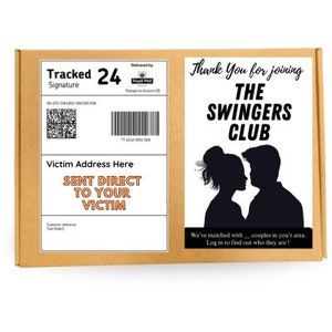 May include: A brown cardboard box with a white label. The label has the text "Tracked 24 Signature" and "Thank You for joining THE SWINGERS CLUB". The label also has a black and white silhouette of a couple.