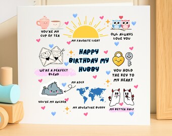 Ehemann Geburtstagskarte, personalisierte Ehemann Geburtstagsgeschenk, süße Icons Geburtstagskarte für ihn, alles Gute zum Geburtstag mein Ehemann, romantische Ehemannkarte,
