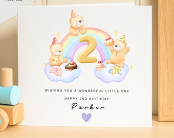 Personalized 2nd Birthday Card, Rainbow and Teddy Bear Theme, Custom Name Age 2 Card for Son Daughter Grandchild, Wonderful Little One Gift
