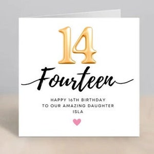 Tarjeta personalizada de cumpleaños número 14, decimocuarto cumpleaños de adolescente, feliz cumpleaños número 14 para hija, nieta, sobrina 6x6