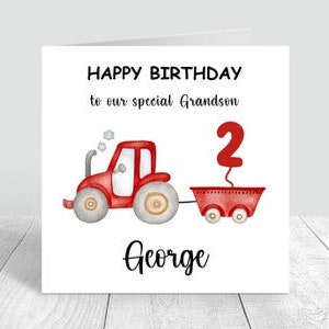 Carte personnalisée de 2e anniversaire pour fils, carte d’anniversaire de tracteur, carte d’anniversaire de ferme pour petit-fils, carte d’animal de ferme, cadeau de deuxième anniversaire 6x6