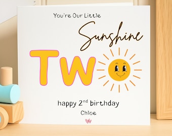 Personalised Sunshine Two Birthday Card, Custom 2nd Birthday Card for Girls, Toddler Birthday Greeting, Cute Sunny Card, Chloe Gift
