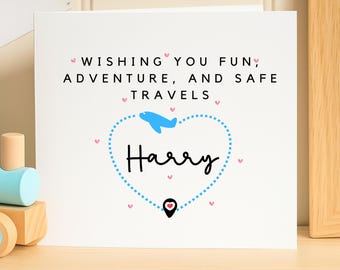 Personalized Bon Voyage Card for Harry, Safe Travels Greeting Card, Adventure Trip Card, Travel Lover Gift, Airplane Travel Card