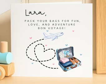 Personalized Bon Voyage Card for Lara, Travel Greeting Card, Pack Your Bags, Adventure Trip Card, Safe Travels Gift, Farewell Card