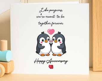 Penguin Anniversary Card, Cute Animal Love Card, Anniversary Gift For Couple, Romantic Greeting Card, Wedding Anniversary, Valentines Card