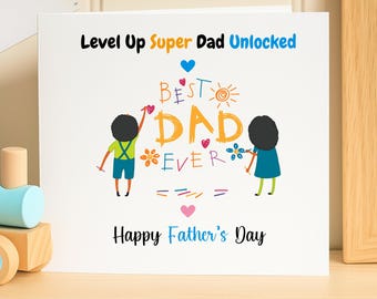 Tarjeta personalizada para el Día del Padre para gamers, Tarjeta "Superpapá desbloqueado de nivel superior", Tarjeta divertida para papá gamer de parte de los niños