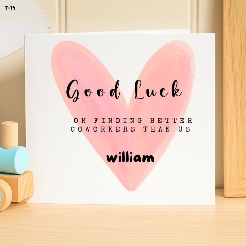 Tarjeta de despedida personalizada, tarjeta de buena suerte para un compañero de trabajo, regalo de despedida, tarjeta con nombre personalizado, recuerdo divertido para dejar la oficina imagen 1