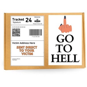 May include: A brown cardboard box with a white label that says "Tracked Signature 24" and "Sent Direct To Your Victim". The box also has a white label with a middle finger emoji and the text "GO TO HELL".