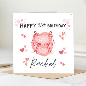 Gepersonaliseerde 21e verjaardagskaart voor, Pink Heart Cake Theme – Custom naam verjaardagskaart. 6x6