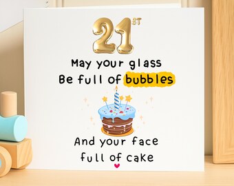 Funny 21st Birthday Card for Her or Him, 21 Today Card, Happy 21st Birthday Gift, Bubbles and Cake Milestone Birthday Greeting Card