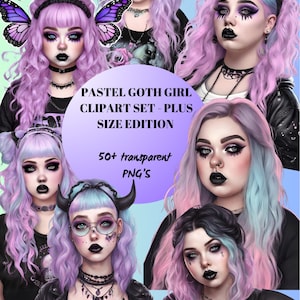 Pastel Goth Girl Clipart - plus size edition, 50+ high quality PNG’s, transparent background, clipart set, pastel goth girl, digital sticker