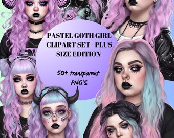 Clipart de chica gótica pastel: edición de talla grande, más de 50 PNG de alta calidad, fondo transparente, conjunto de clipart, chica gótica pastel, calcomanía digital