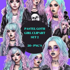 Pastel Goth Girl Clipart Set 2, 50+ high quality PNG’s, transparent background, clipart set, pastel goth girl, digital stickers, printables