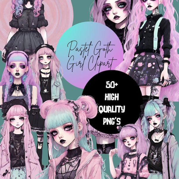 Pastel Goth Girl Clipart - 50+ high quality PNG’s - Transparent background - Perfect for digital projects, crafting, scrapbooking, journals