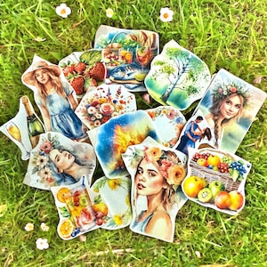 Zomerstickers - Midzomer, 15 stuks stickers in aquarelstijl, gemakkelijk verwijderbare gestanste stickers, stickers met zomerthema voor knutselen, planner enz