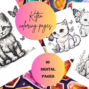 Kitten coloring pages - 10 high quality digital instant download coloring pictures - coloring book for kids and adults