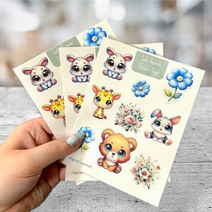 Foglio di adesivi con simpatici animali - 1 foglio di adesivi lucidi - adesivi per pianificatore, diario dei proiettili, junkjournaling, artigianato, regali per bambini e ragazze