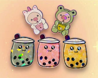 Boba Stickers: Unicorn Pig & Frog Pig, Holographic, Water Resistant