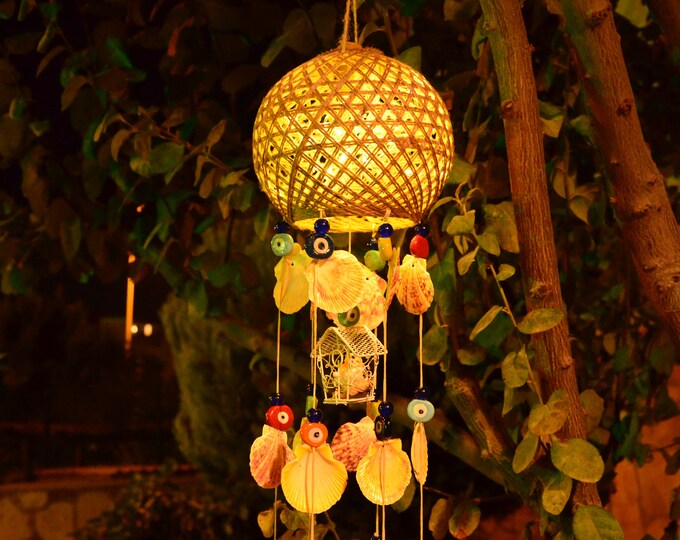 Seashell Wind Chimes with Led Lights, Beach Decor,Coastal, Garden Decor, Handmade Wind Chime with Birdcage, Seashell Garland, Christmas Gift