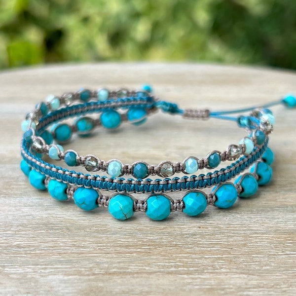 Turquoise stones Boho yoga bracelet Multi strand waterproof summer beach jewelry Beaded blue gemstone crystal chakra bracelet Healing gift