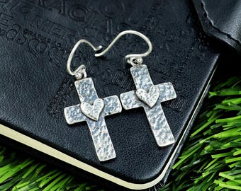 Sterling Silver Cross Dangle Earrings: Heart Accent, Religious Jewelry
