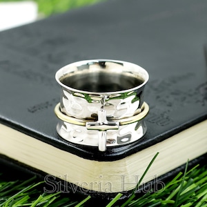 Two Tone Cross Spinning Ring, 925 Sterling Silver Ring, Wide Band Cross Spinner Ring, Hammered Cross Ring, Religious Ring, Christian Ring