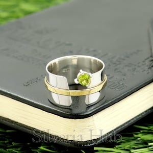 Natural Peridot Ring, 925 Sterling Silver Ring, Two Tone Ring, 11 mm Wide Band Ring, Statement Ring,  Birthstone Ring, Anniversary Ring,