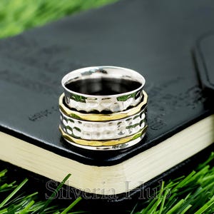 Hammered Spinner Ring, Mixed Metal Spinner ring, 2 tone Sterling silver Spinning ring meditation ring, 925 sterling silver ring fidget ring