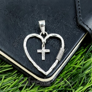 Heart Cross Pendant: 925 Sterling Silver Religious Unisex Jewelry