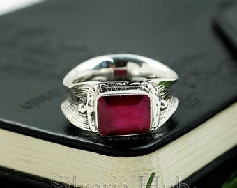 Anillo de plata de ley 925 con rubí indio: Anillo llamativo con textura