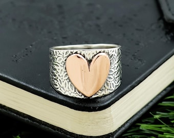 925 Sterling Silver Heart Ring: Handmade Two-Tone Band Ring