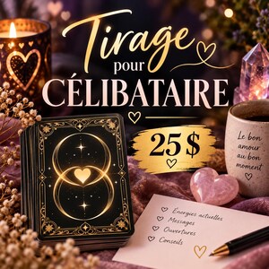 Peut inclure: Un jeu de cartes de tarot noir avec des motifs de cœur dorés, une tasse beige avec le texte Le bon amour au bon moment, une pierre rose en forme de cœur et une note listant Énergies actuelles, Messages, Ouvertures et Conseils avec un stylo.