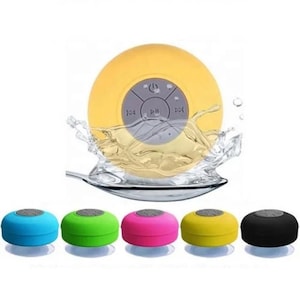May include: A set of six waterproof Bluetooth speakers in various colors, including blue, green, pink, yellow, and black. Each speaker has a suction cup on the bottom and features control buttons for play, pause, volume, and track selection.