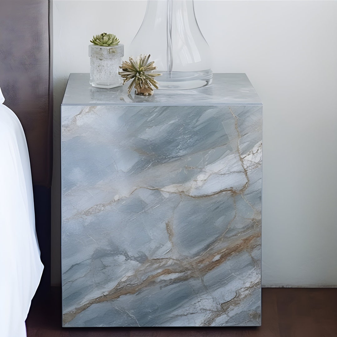 Custom Blue & Brown Marble Cube Nightstand Minimalist Modern Etsy