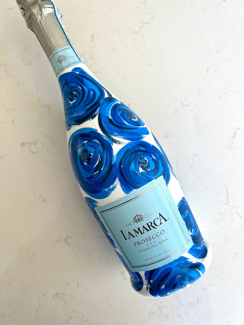 Personalized Painted Prosecco Bottle Blue Floral Etsy