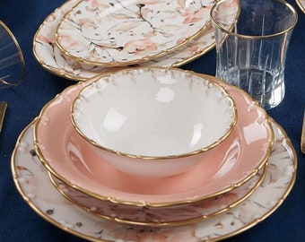 29pcs Rose Gold Porcelain Dinnerware Set, Plate, Dinnerware, Serving 29 pcs for 6 person