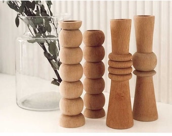 Wooden Candle Holders set of 4 Hand-Made Scandinavian Style Wooden Candlestick Holders High Quality Wood Perfect Gift Table, Shelf Decor