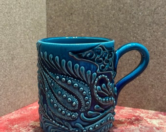 Handmade Coffee Mug Ceramic Figure Floral Embossed Traditional Middle-Eastern Ceramic Coffee Mug Artistic Ceramic Coffee Mug Tea Mug