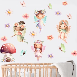 Cute Fairies Kids Wall Decal Sticker Set Removable Decals - Watercolor Fairy Garden Nursery Wall Decals