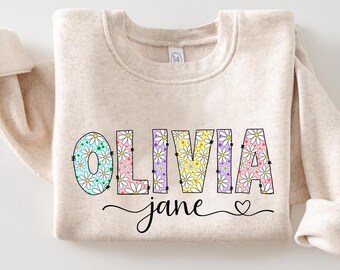 Aangepaste kindernaam met madeliefjes sweater terug naar school shirt, peuter meisje paas lente kleuterschool trui