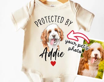 Protected By Pets Custom Dog Photo Baby Bodysuit , Personalized Kids Tee, Youth Gift With Pet's Names Custom Cat and Dog Sibling