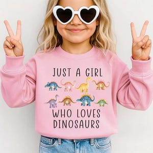 May include: Pink sweatshirt with the text "JUST A GIRL WHO LOVES DINOSAURS" and colorful dinosaur illustrations. The sweatshirt is worn by a person wearing heart-shaped sunglasses and making a peace sign.