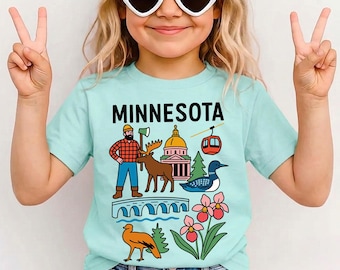 Minnesota State T-Shirt for Kids, Land of 10,000 Lakes Toddler Tee, Youth Shirt North Star State Road Trip Gift, Family Vacation Apparel