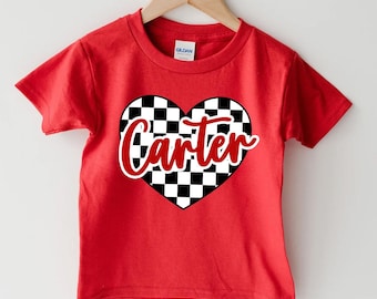 Custom Kids Name Valentine's Day T-Shirt, Checkered Heart Toddler Boy and Girl Valentine Tee Name Sweater Kindergarten Shirt With Name