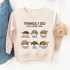 Pode incluir: Camisola bege com o texto "THINGS I DO IN MY SPARE TIME" e ilustrações de tartarugas. O design inclui frases como "Hang out with turtles" e "Dream about turtles".