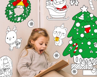 Christmas Coloring Peel and Stick Kids Room Wall Decals, DIY Christmas Activity for Children, Color Paper Sticker for Wall, Coloring Vinyl