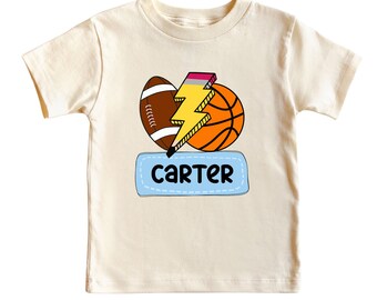 Custom Kids Name Sports Theme T-Shirt Back To School Shirt Shirt, Toddler Boy First Day of School Tee Football Kindergarten Shirt With Name