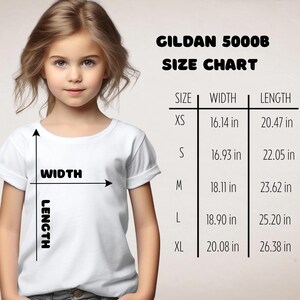 May include: A young girl wearing a white t-shirt, with a size chart for Gildan 5000B shirts. The chart shows measurements in inches for width and length, ranging from XS to XL. The text "WIDTH" and "LENGTH" are also visible.