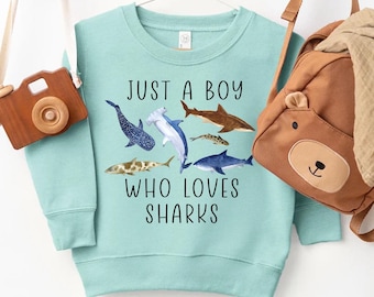 Just a Boy Who Loves Sharks Sweatshirt, Shark Lover Toddler Shirt, Kids Shark Outfit, Shark Species Hoodie, Marine Life Gift for Boys
